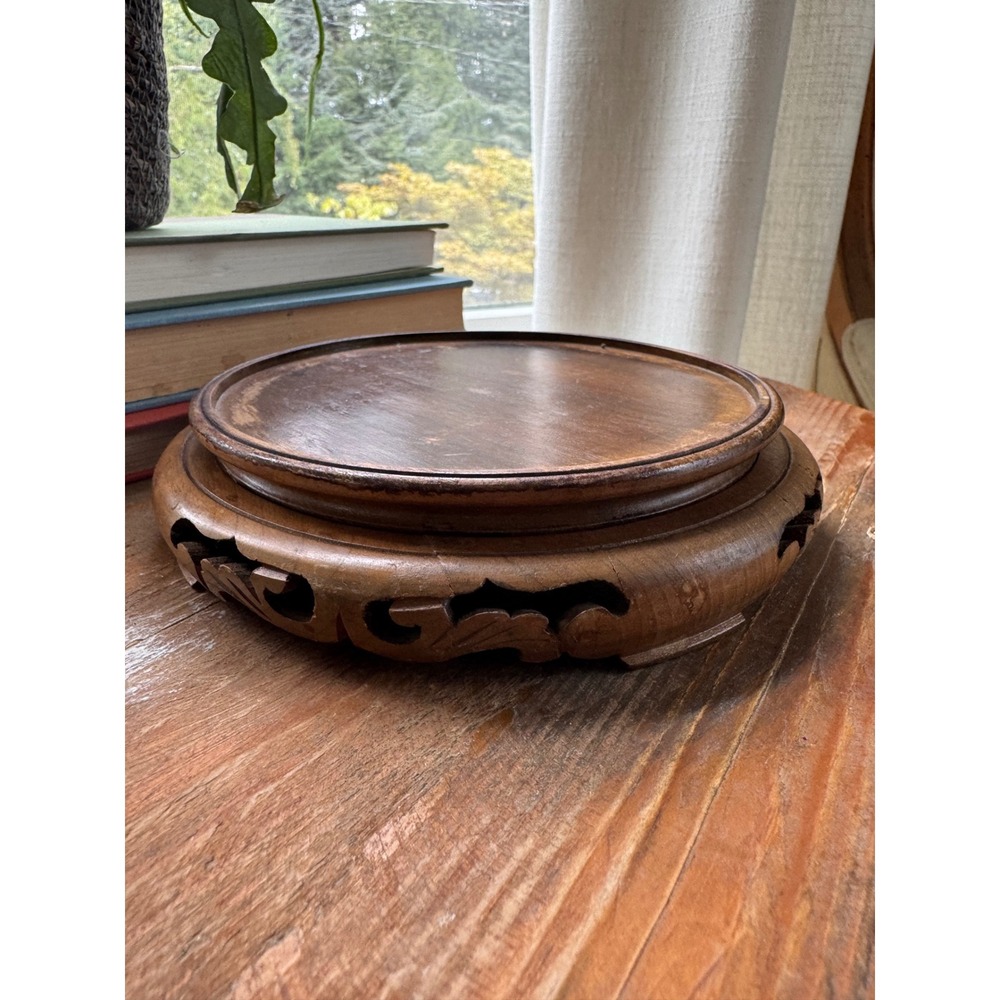 Vintage Hand Carved Wood Vase Stand 5.5" Ginger Jar Pedestal Base Rosewood FLAW